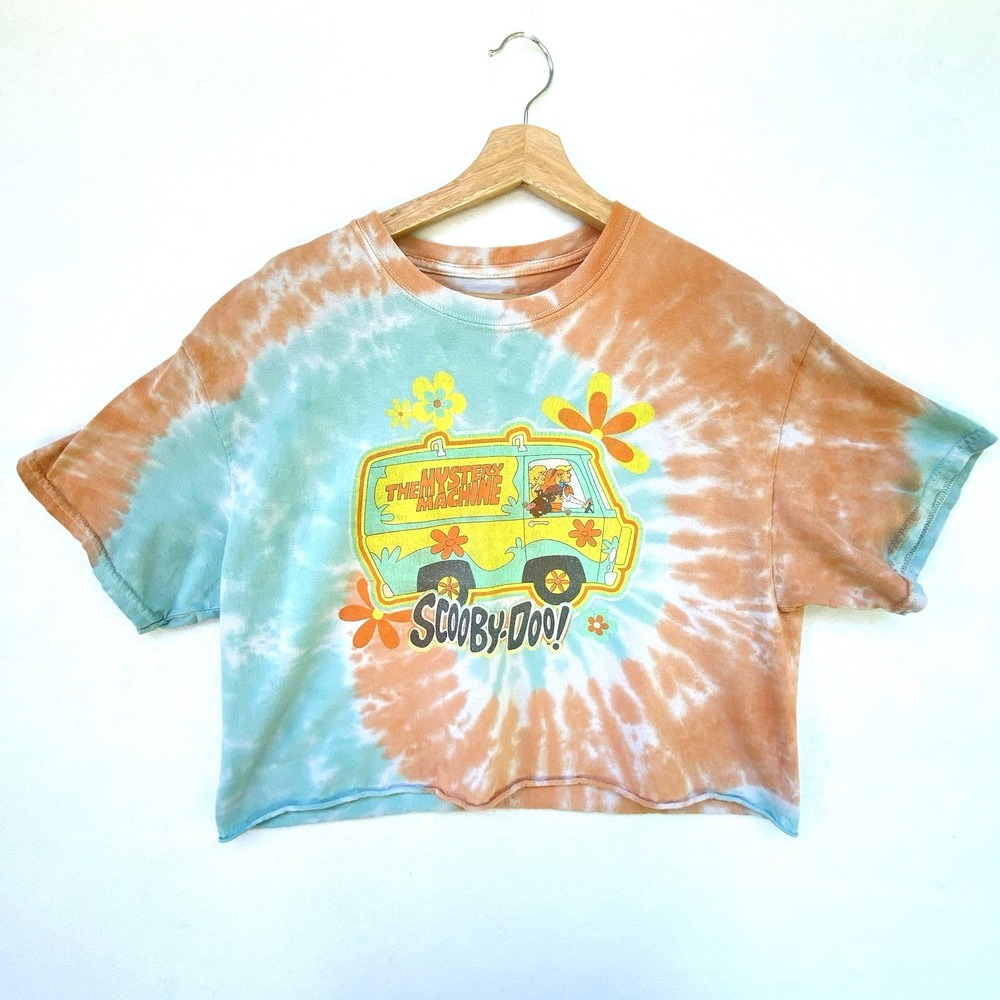 Scooby-Doo Mystery Machine Crop Top Womens L Orange Blue Tie Dye Retro Tee